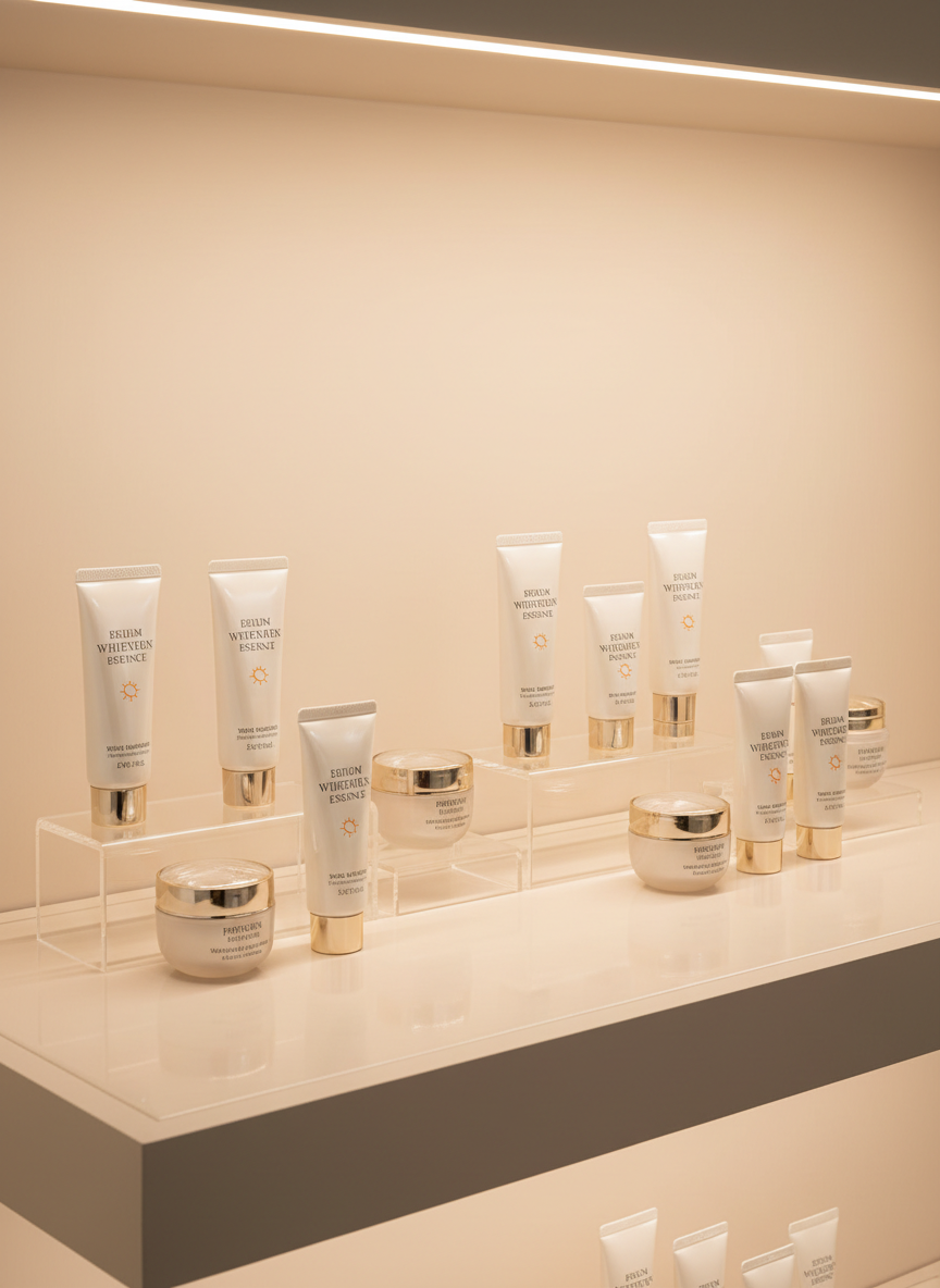 A refined display shelf scene featuring coordinated collections of premium sunscreen, whitening essence, and beauty creams, all in cohesive pearl-white and soft gold packaging. The products stand in neat rows on a matte beige lacquer shelf with subtle reflections, backed by a smooth, pale champagne wall. Carefully placed translucent acrylic risers create varying heights. Diffused warm studio lighting from above and slightly behind adds a gentle glow to the packaging edges, casting delicate shadows. Captured at eye level with sharp focus and a clean, photographic realism, the atmosphere feels luxurious, organized, and distinctly B2B, evoking a high-end beauty retailer environment without any human presence.