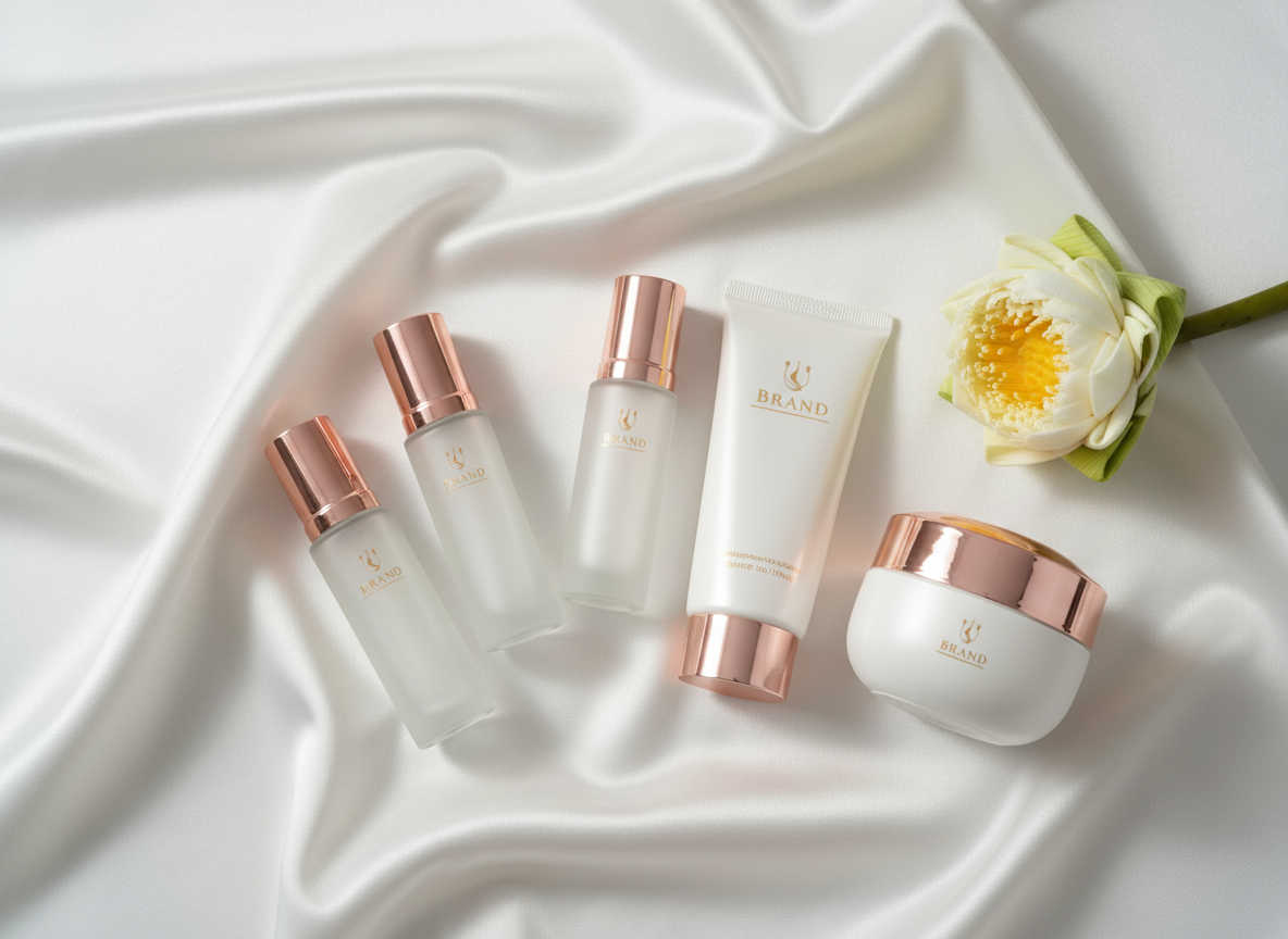 An elegant flat lay of premium sun protection and whitening skincare products from a luxury beauty brand, displayed on a creamy satin fabric with subtle folds. Frosted glass serum bottles with rose-gold caps, a sleek pearl-white sunscreen tube, and a minimalistic whitening cream jar form a harmonious arrangement. A single white lotus flower rests nearby, petals perfectly open. Soft studio lighting from the left creates gentle highlights on the glass and metal accents, with refined shadows adding depth. Shot from a bird’s-eye view with a shallow depth of field, the composition feels sophisticated, clean, and photographic, ideal for a wholesale cosmetics brand homepage.