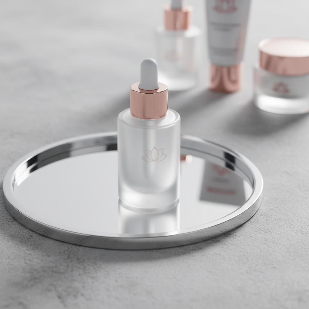 A close-up, photographic composition of a single premium whitening serum bottle positioned at the center of a circular mirrored tray. The bottle is made of semi-translucent frosted glass with a faceted, rose-gold metallic dropper top, and a subtle lotus emblem embossed on the label area. The tray rests on a pale stone surface, with blurred silhouettes of other matching products in the background. Directional, cool white studio lighting from the right creates crisp reflections on the mirror and delicate rim lighting along the bottle’s edges, producing an ultra-clean, sophisticated mood. The image is shot at a slightly elevated angle with a shallow depth of field, emphasizing product detail and high-margin luxury aesthetics.